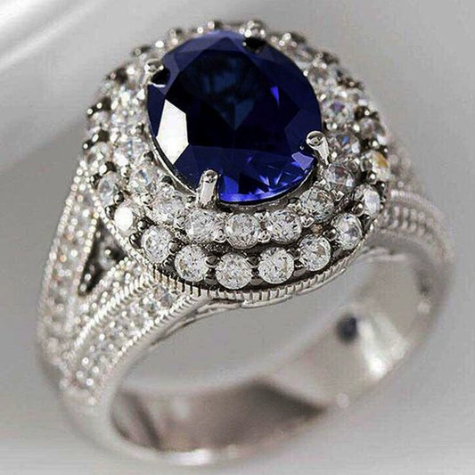 Women's Copper Ring Inlaid With Sapphire Blue Zircon In Geometric Style