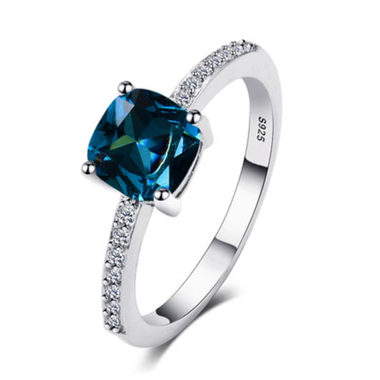 Women's Jewelry Copper Square Ring With Microinlaid Zircon And Sapphire Blue Diamond Natural Geometric Style