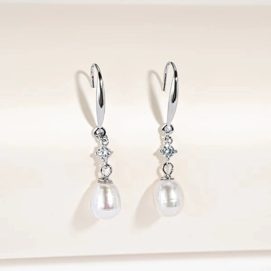 Women's S925 Sterling Silver Natural Freshwater Pearl Geometric Ear Hook Earrings Light Luxury Minimalist Elegant Exquisite Pearl Inlay Design