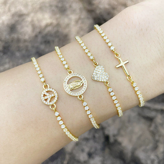 Women's Simple Stylish Copper Goldplated Inlaid Artificial Gem And Semiprecious Stone Heart Shape Cross Pull Bracelet Inlaid Zircon