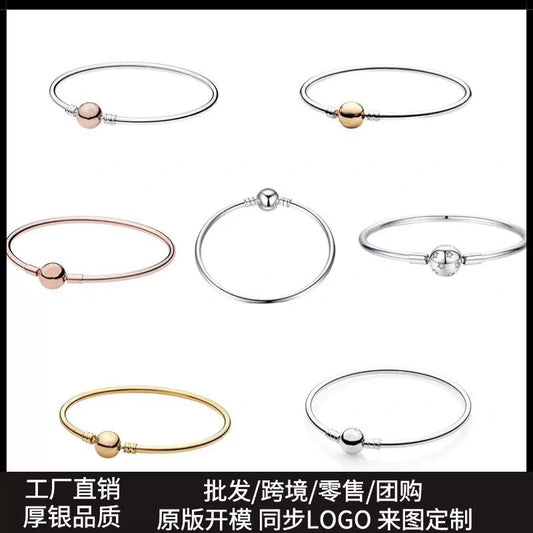 Women's White Copper Silver Plated Bracelet With Round Button And Snake Bone Chain Simple Geometric Jewelry