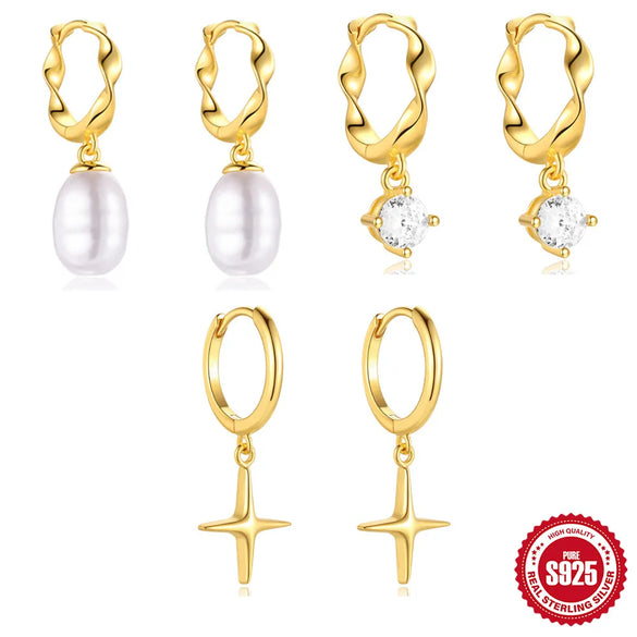 1 Pair 925 Sterling Silver Pearl Zircon 925 Sterling Silver Earrings Geometric Drop Earrings