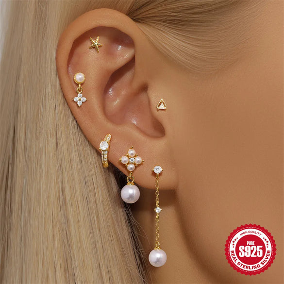 1 Pair 925 Sterling Silver Zircon 925 Sterling Silver Earrings Geometric Flower Drop Earrings