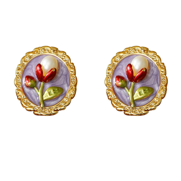 1 Pair Baroque Style Sweet Streetwear Flower Enamel Plating Inlay Copper Freshwater Pearl 18K Gold Plated Ear Studs