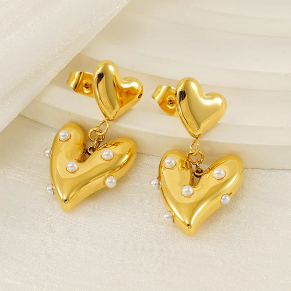 1 Pair Basic Modern Style Classic Style Heart Shape Plating Inlay 304 Stainless Steel Artificial Pearls 18K Gold Plated Drop Earrings