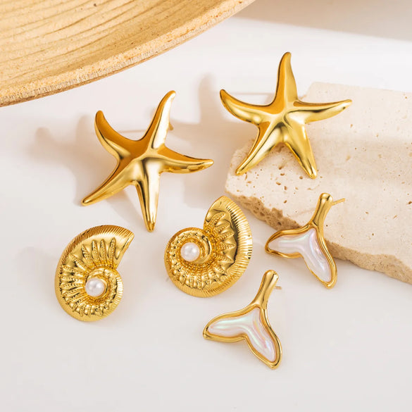 1 Pair Basic Tropical Simple Style Starfish Conch Mermaid Plating 304 Stainless Steel Ear Studs