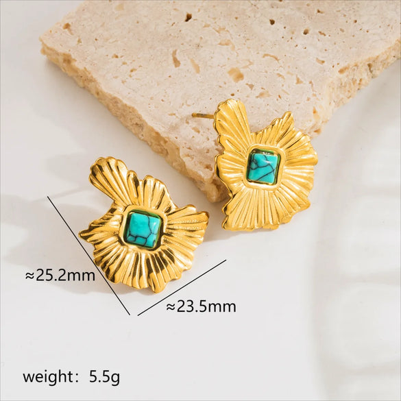1 Pair Basic Vintage Style Commute Leaves Inlay 304 Stainless Steel Turquoise 18K Gold Plated Ear Studs