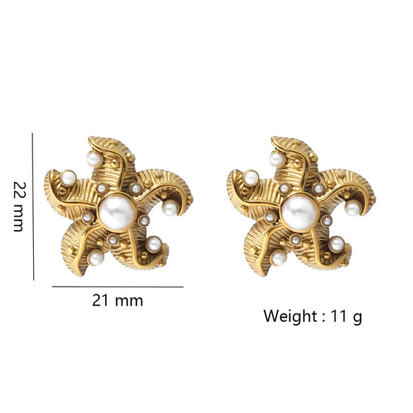 1 Pair Beach Starfish Inlay 304 Stainless Steel Pearl Ear Studs