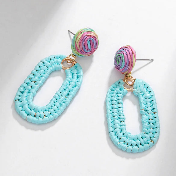 1 Pair Bohemian Beach Pastoral Oval Rattan Iron Drop Earrings