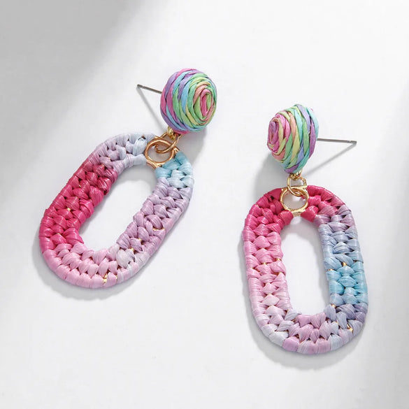 1 Pair Bohemian Beach Pastoral Oval Rattan Iron Drop Earrings
