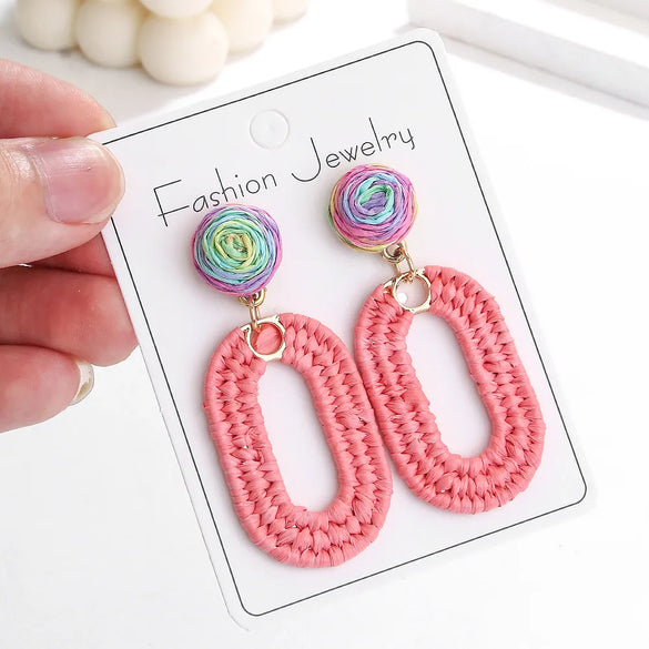 1 Pair Bohemian Beach Pastoral Oval Rattan Iron Drop Earrings