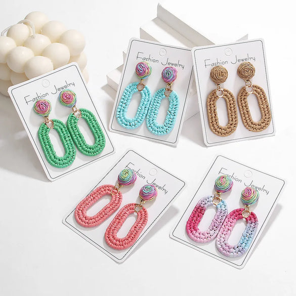 1 Pair Bohemian Beach Pastoral Oval Rattan Iron Drop Earrings