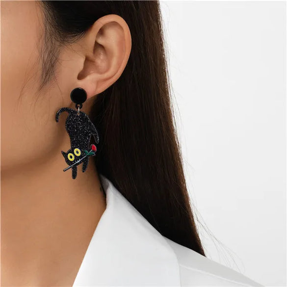 1 Pair Cartoon Style Cute Animal Cat Rose Slice Printing Arylic Drop Earrings