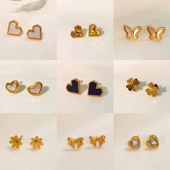 1 Pair Casual Simple Style Heart Shape Flower Butterfly Inlay Titanium Steel Shell Zircon Ear Studs