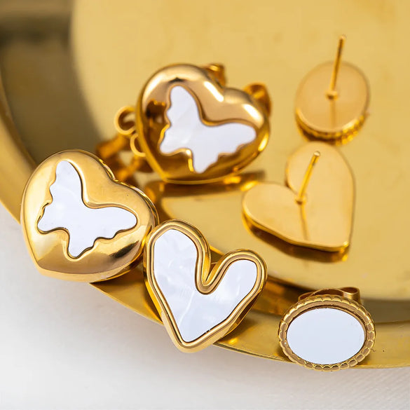 1 Pair Casual Simple Style Round Heart Shape Butterfly Inlay 304 Stainless Steel Shell Ear Studs