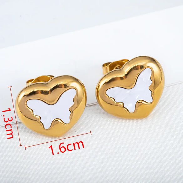 1 Pair Casual Simple Style Round Heart Shape Butterfly Inlay 304 Stainless Steel Shell Ear Studs