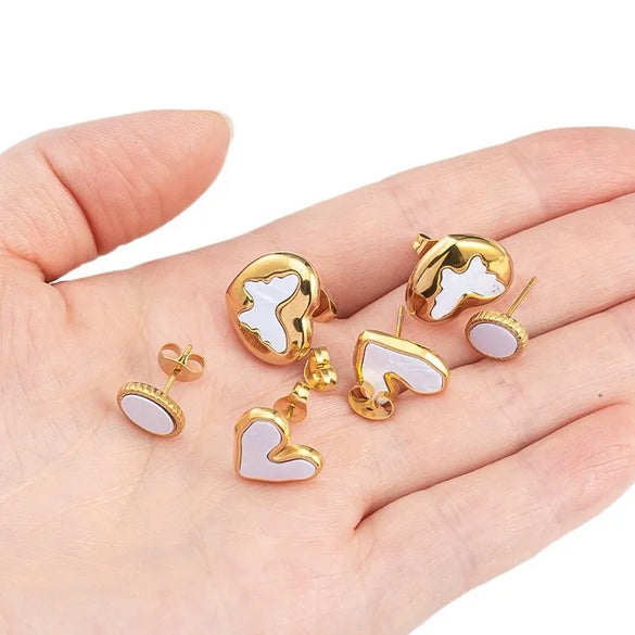 1 Pair Casual Simple Style Round Heart Shape Butterfly Inlay 304 Stainless Steel Shell Ear Studs