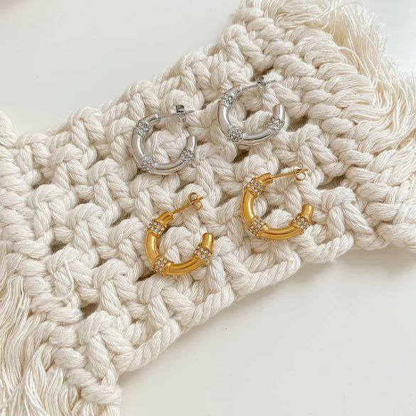 1 Pair Casual Vacation C Shape Plating Inlay 304 Stainless Steel Rhinestones 16K Gold Plated White Gold Plated Gold Plated Ear Studs