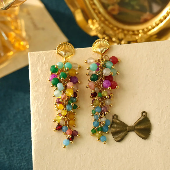 1 Pair Casual Vintage Style Commute Tassel Shell Inlay Copper Natural Stone 18K Gold Plated Drop Earrings