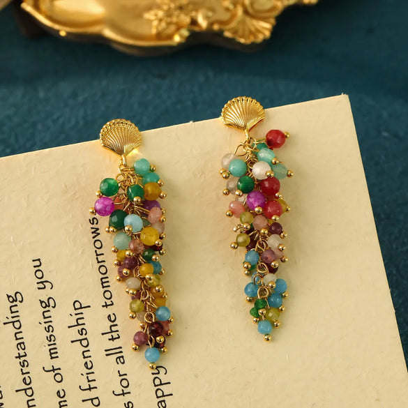 1 Pair Casual Vintage Style Commute Tassel Shell Inlay Copper Natural Stone 18K Gold Plated Drop Earrings