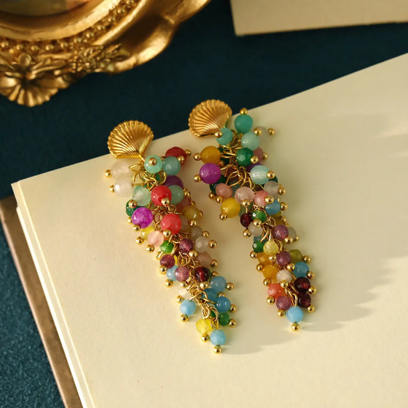 1 Pair Casual Vintage Style Commute Tassel Shell Inlay Copper Natural Stone 18K Gold Plated Drop Earrings