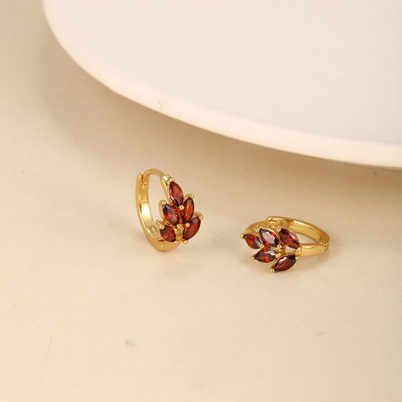 1 Pair Chinoiserie Vintage Style Leaf Grain Plating Inlay Copper Alloy Artificial Gemstones 24k Gold Plated Hoop Earrings
