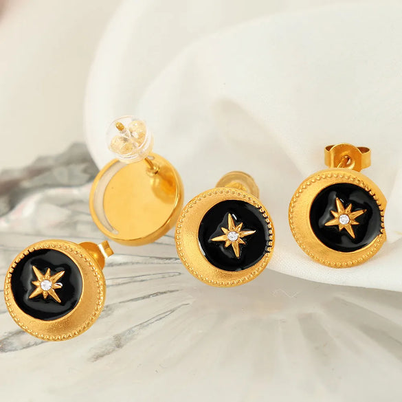 1 Pair Classical Vintage Style Hexagram Circle Enamel Plating 304 Stainless Steel Rhinestone Enamel Rhinestones 18K Gold Plated Ear Studs