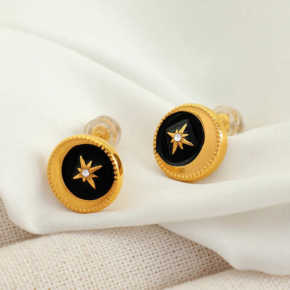 1 Pair Classical Vintage Style Hexagram Circle Enamel Plating 304 Stainless Steel Rhinestone Enamel Rhinestones 18K Gold Plated Ear Studs