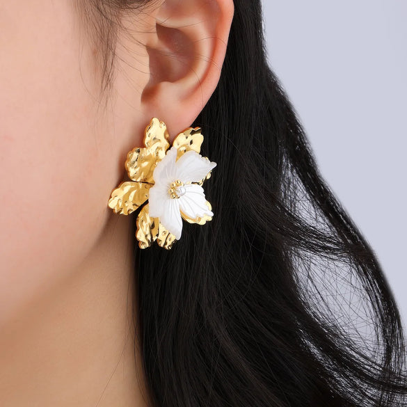 1 Pair Cute Flower Plating Inlay 304 Stainless Steel Shell 18K Gold Plated Ear Studs
