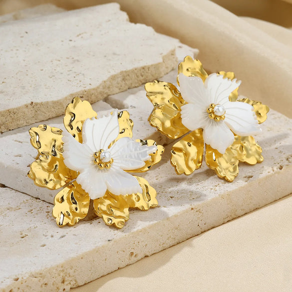 1 Pair Cute Flower Plating Inlay 304 Stainless Steel Shell 18K Gold Plated Ear Studs