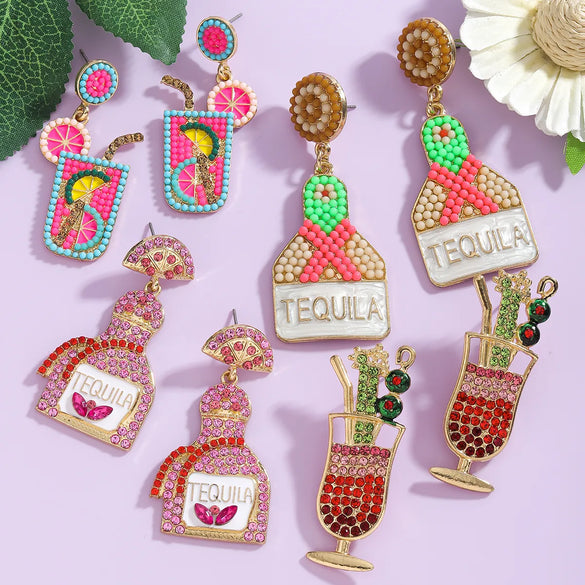 1 Pair Cute Handmade Beach Wine Glass Wine Bottle Inlay Alloy Rhinestones Beads Drop Earrings