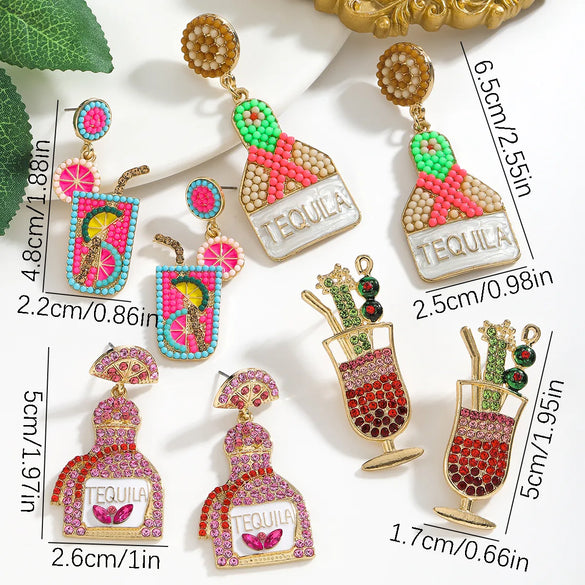 1 Pair Cute Handmade Beach Wine Glass Wine Bottle Inlay Alloy Rhinestones Beads Drop Earrings