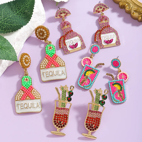 1 Pair Cute Handmade Beach Wine Glass Wine Bottle Inlay Alloy Rhinestones Beads Drop Earrings