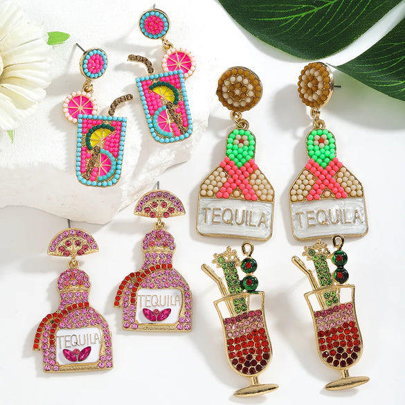1 Pair Cute Handmade Beach Wine Glass Wine Bottle Inlay Alloy Rhinestones Beads Drop Earrings