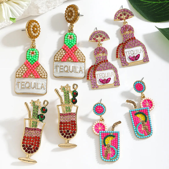 1 Pair Cute Handmade Beach Wine Glass Wine Bottle Inlay Alloy Rhinestones Beads Drop Earrings
