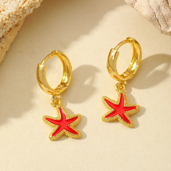 1 Pair Cute Romantic Cherry Starfish Epoxy Copper Zircon 18K Gold Plated Drop Earrings