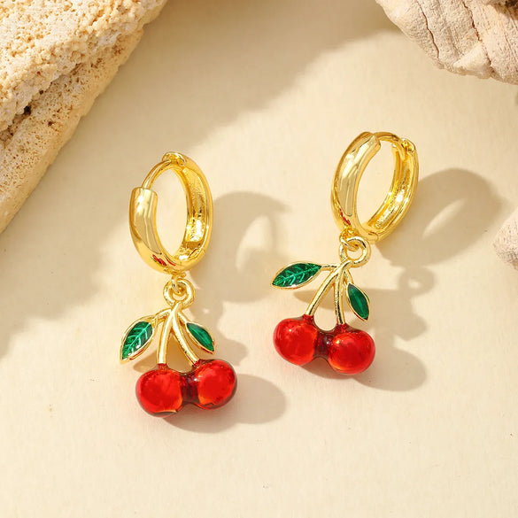 1 Pair Cute Romantic Cherry Starfish Epoxy Copper Zircon 18K Gold Plated Drop Earrings