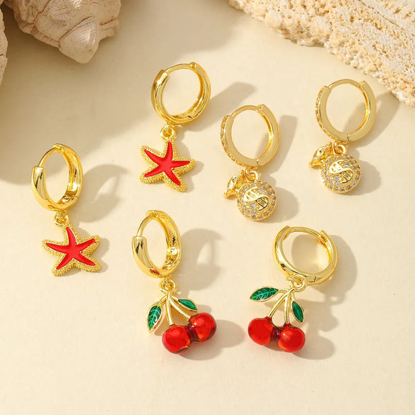 1 Pair Cute Romantic Cherry Starfish Epoxy Copper Zircon 18K Gold Plated Drop Earrings