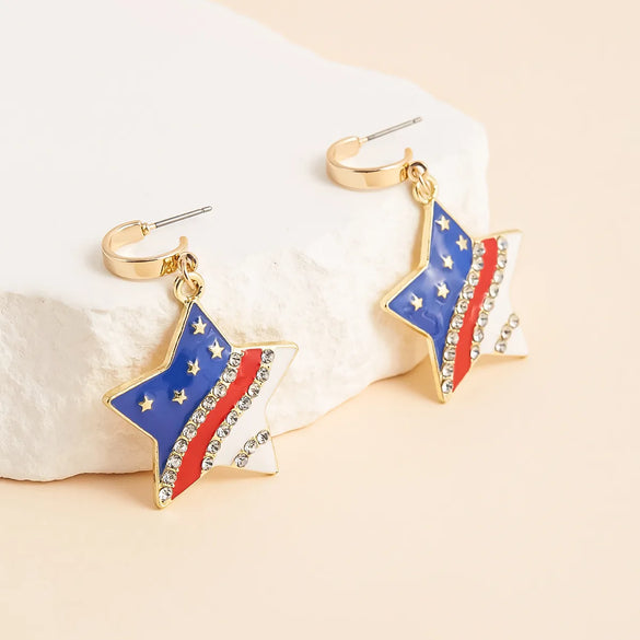1 Pair Elegant Formal IG Style National Flag Star Enamel Inlay Zinc Alloy Rhinestones Drop Earrings