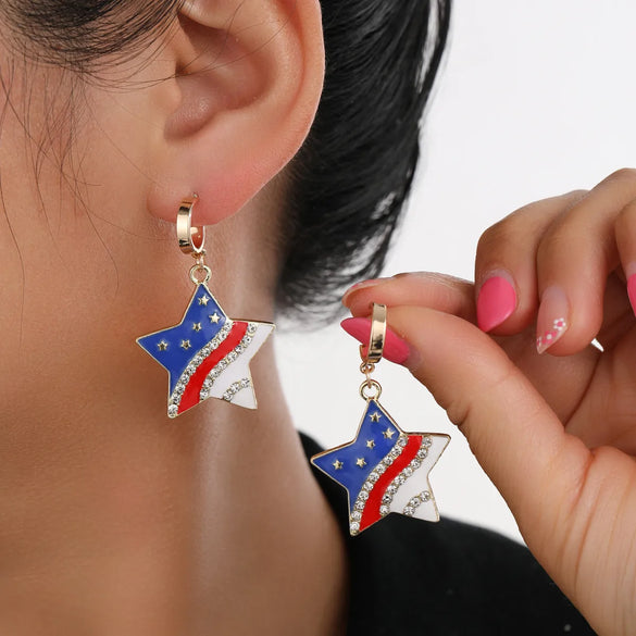 1 Pair Elegant Formal IG Style National Flag Star Enamel Inlay Zinc Alloy Rhinestones Drop Earrings