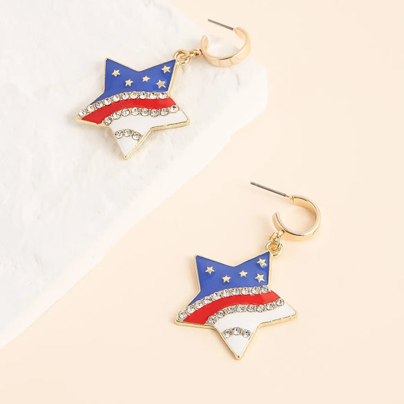 1 Pair Elegant Formal IG Style National Flag Star Enamel Inlay Zinc Alloy Rhinestones Drop Earrings