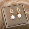 1 Pair Elegant Geometric Plating Inlay Freshwater Pearl Copper Zircon Drop Earrings