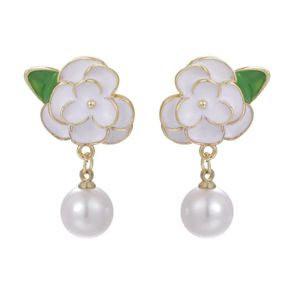 1 Pair Elegant Glam Luxurious Flower Enamel Inlay Copper Pearl Drop Earrings
