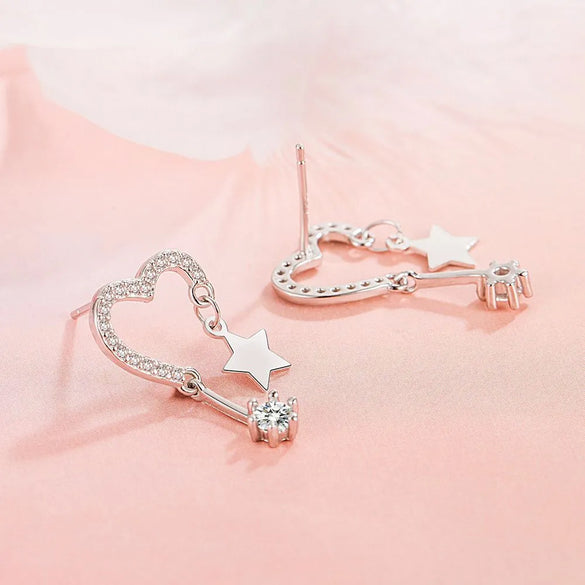 1 Pair Elegant Lady Star Heart Shape Inlay Sterling Silver Zircon Drop Earrings
