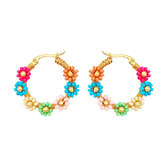 1 Pair Elegant Lady Sweet Flower 304 Stainless Steel Glass Bead Copper Hoop Earrings