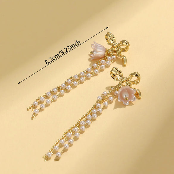 1 Pair Elegant Pastoral Leaves Heart Shape Flower Tassel Inlay Synthetic Resin Rhinestones Gold Plated Silver Plated Drop Earrings
