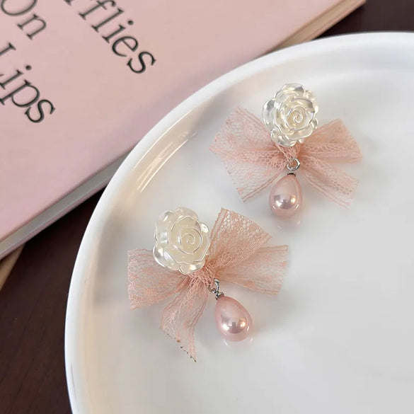 1 Pair Elegant Princess Bow Knot Resin Lace Drop Earrings