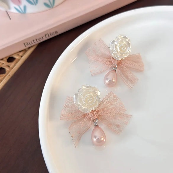 1 Pair Elegant Princess Bow Knot Resin Lace Drop Earrings