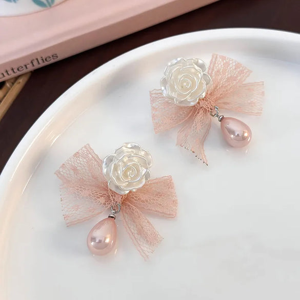 1 Pair Elegant Princess Bow Knot Resin Lace Drop Earrings