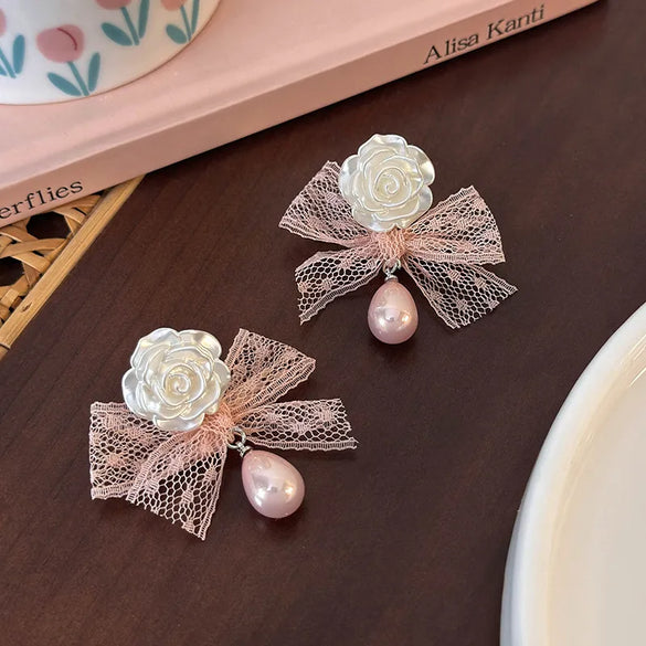 1 Pair Elegant Princess Bow Knot Resin Lace Drop Earrings